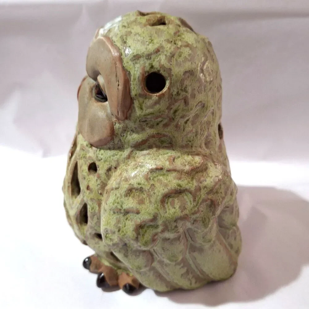 Vintage Stoneware Pudgy Owl w Large Smooth Eye Patches Tea Light Holder Luminary